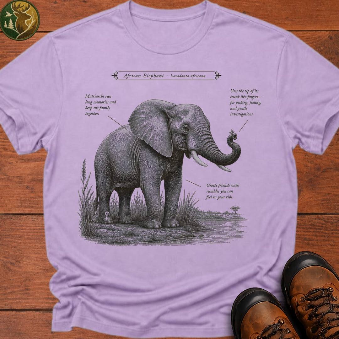 African Elephant Field Guide T Shirt - Orchid