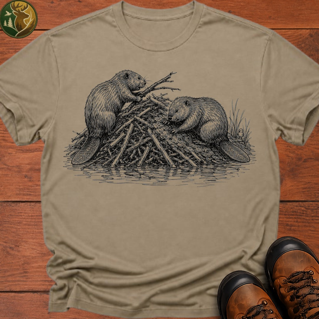 Beavers Building A Lodge T Shirt - Khaki