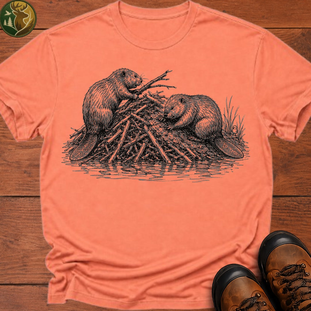 Beavers Building A Lodge T Shirt - Melon