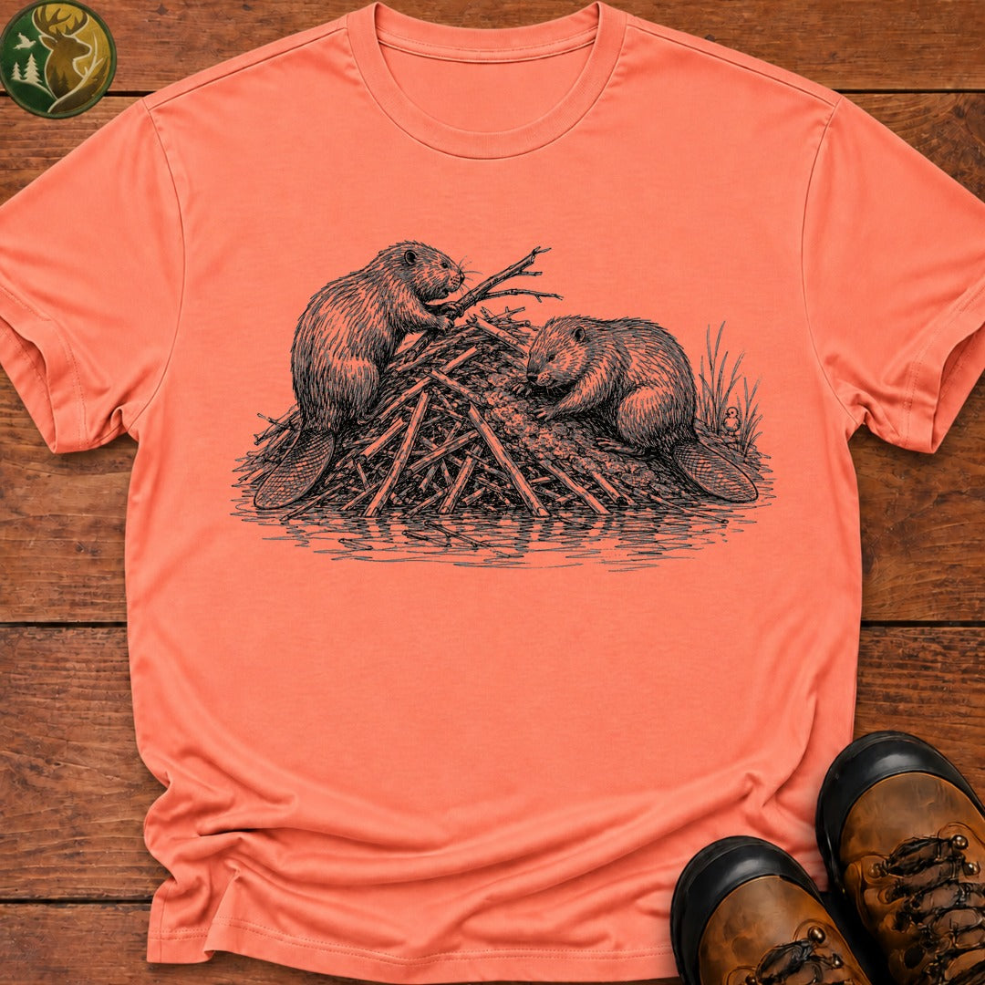 Beavers Building A Lodge T Shirt - Melon