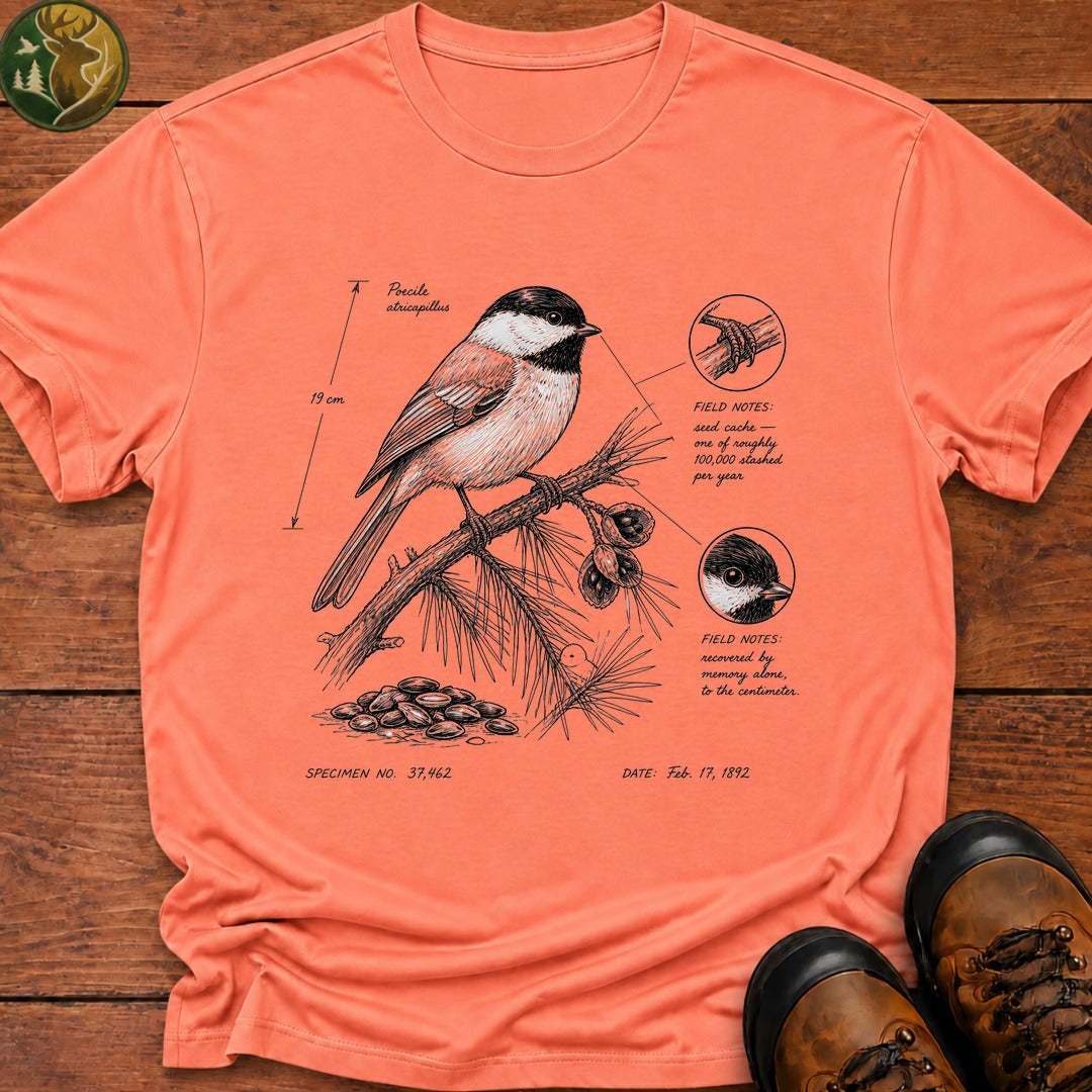Black Capped Chickadee Field Sketch T Shirt - Melon