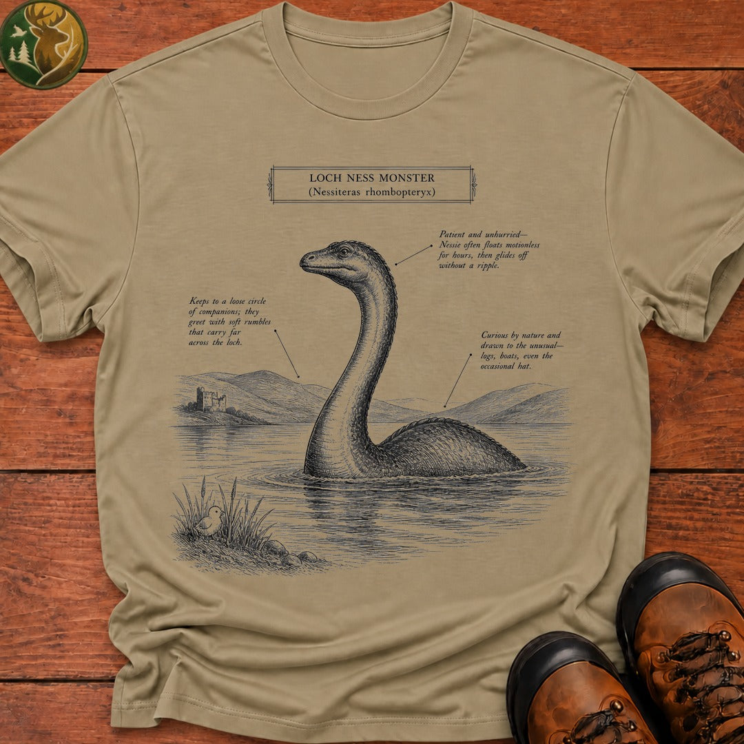 Loch Ness Monster Field Guide T Shirt - Khaki