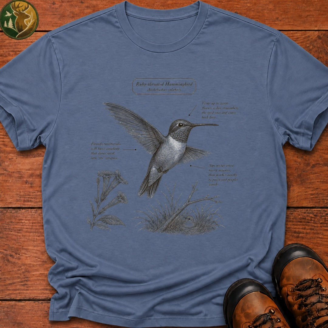 Ruby Throated Hummingbird Field Guide T Shirt - Blue Jean
