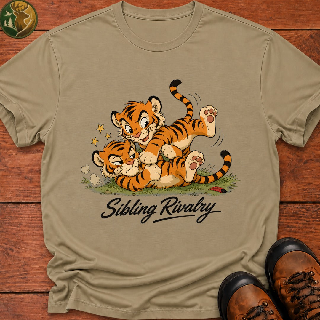 Tiger Sibling Rivalry Cartoon T Shirt - Khaki