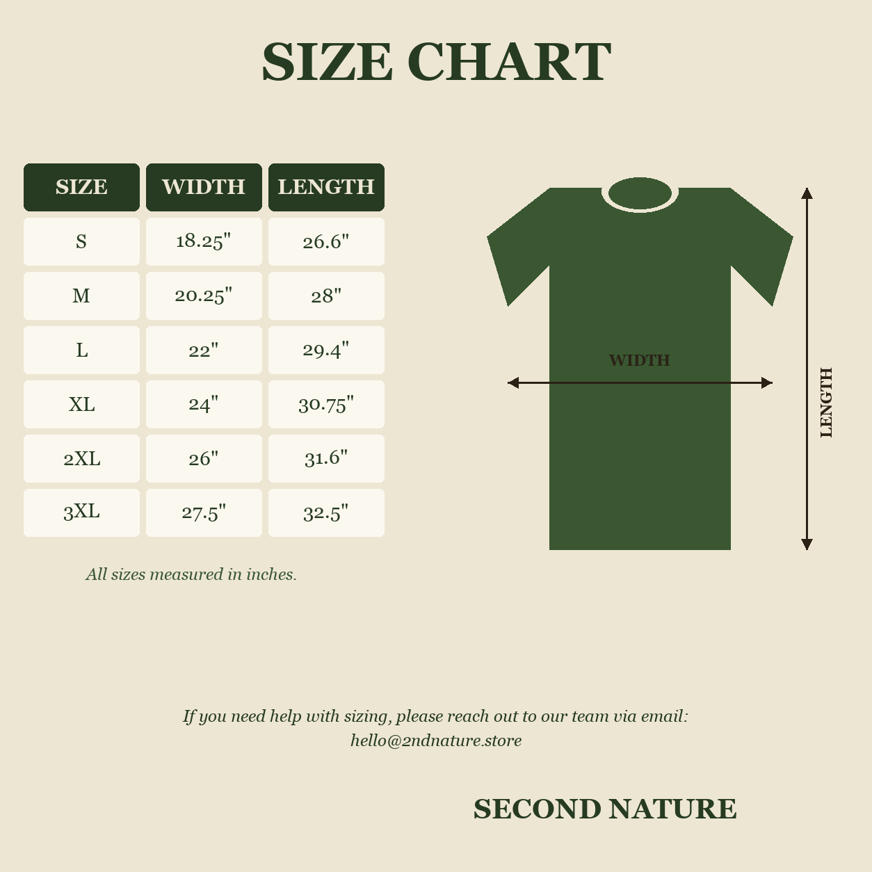 Second Nature size chart