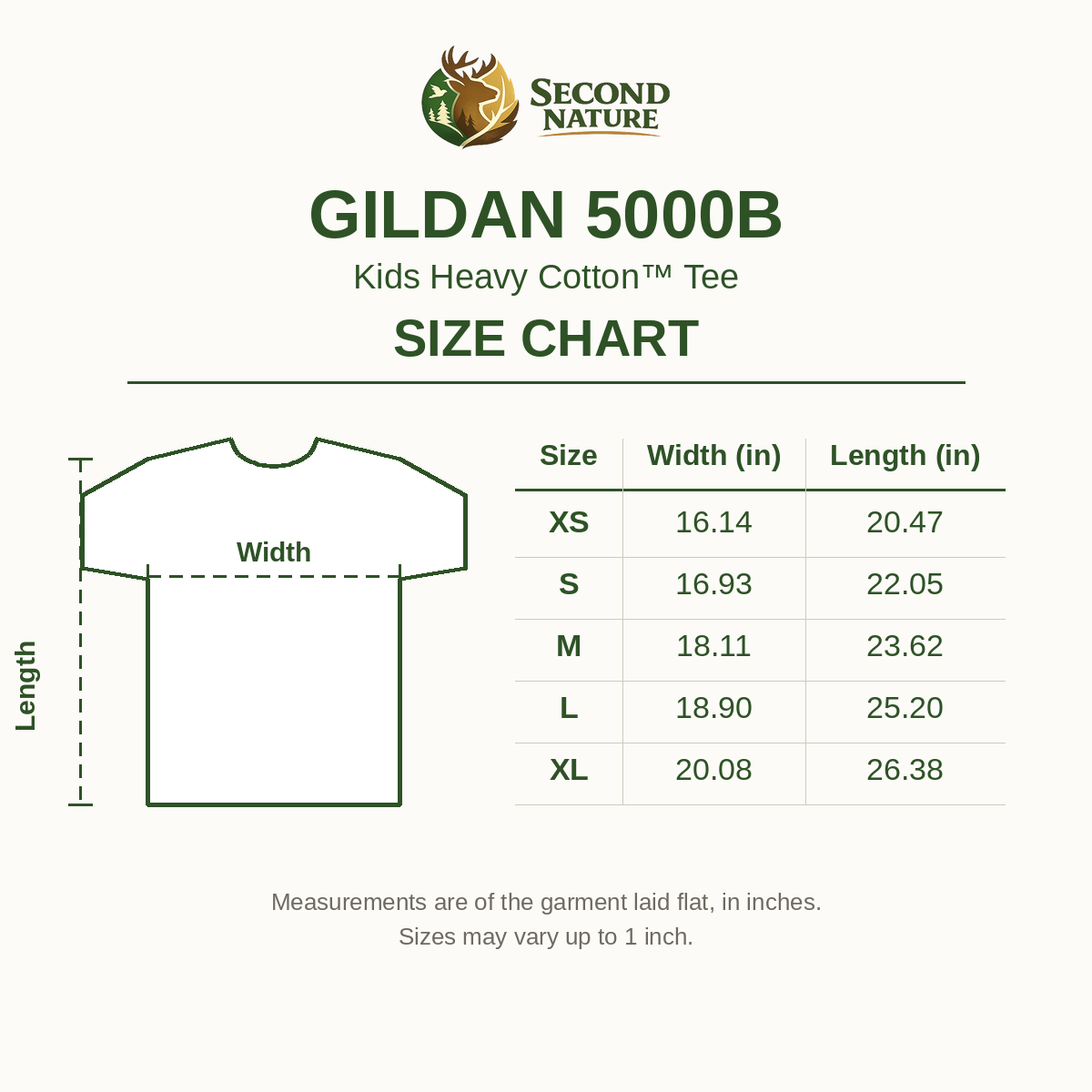 Gildan 5000B Kids Heavy Cotton Tee size chart - width and length in inches